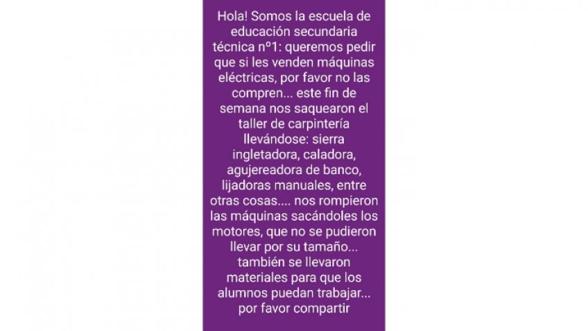 Desvalijaron los talleres de la Escuela Villa Alduncin